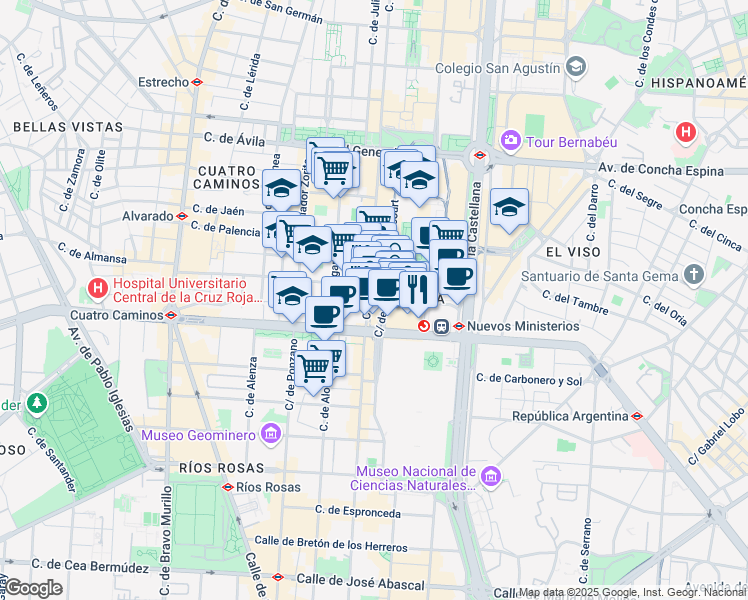 map of restaurants, bars, coffee shops, grocery stores, and more near 4 Calle de Orense in Madrid