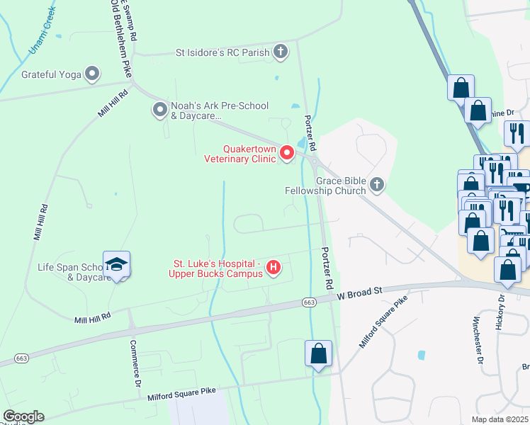 map of restaurants, bars, coffee shops, grocery stores, and more near 2352 Blackledge Dr in Quakertown