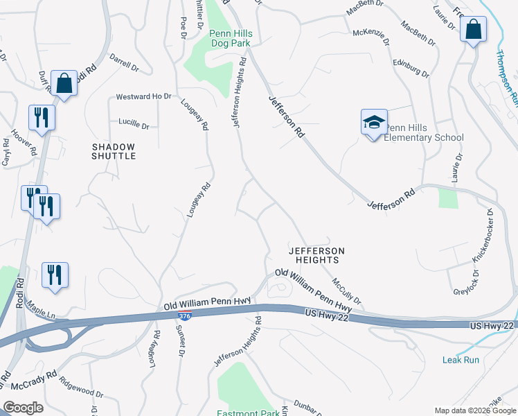 map of restaurants, bars, coffee shops, grocery stores, and more near 1110 Jefferson Heights Road in Pittsburgh