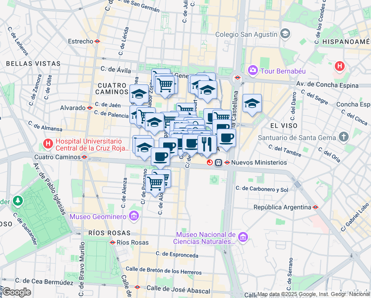 map of restaurants, bars, coffee shops, grocery stores, and more near 4 Calle de Orense in Madrid