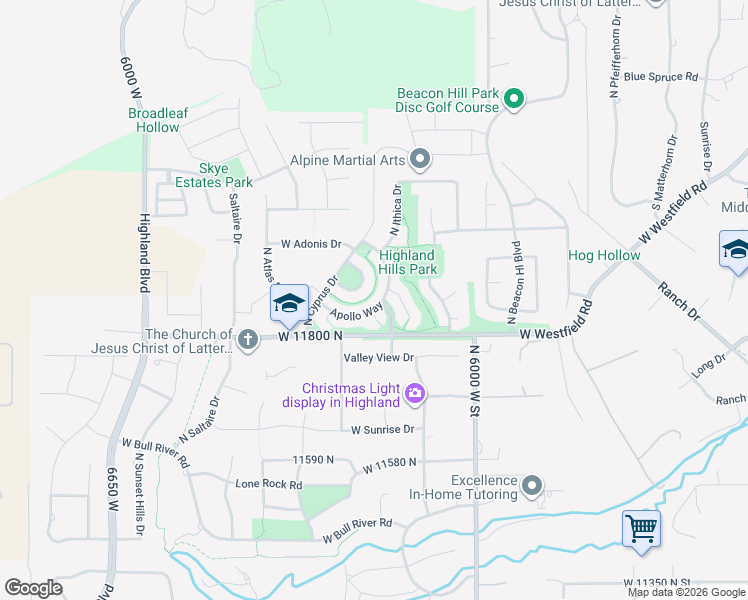 map of restaurants, bars, coffee shops, grocery stores, and more near 6174 Apollo Way in Highland