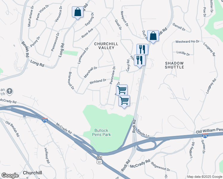 map of restaurants, bars, coffee shops, grocery stores, and more near 531 Pennview Drive in Pittsburgh