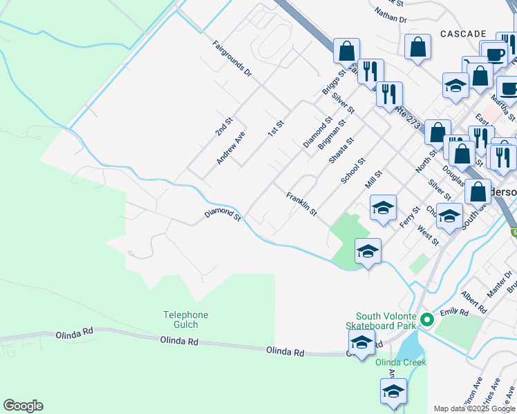 map of restaurants, bars, coffee shops, grocery stores, and more near 1411 Diamond Street in Anderson