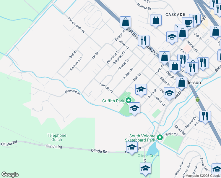map of restaurants, bars, coffee shops, grocery stores, and more near 1575 Shasta Street in Anderson