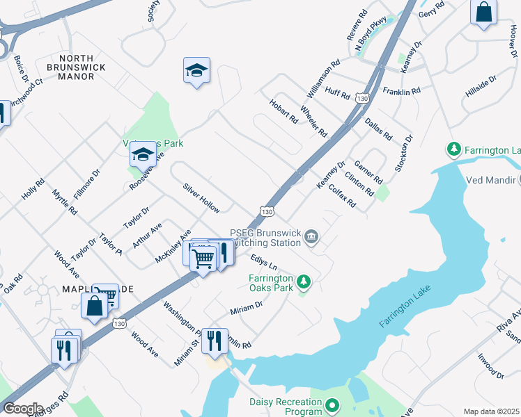 map of restaurants, bars, coffee shops, grocery stores, and more near 1461 U.S. 130 in North Brunswick Township