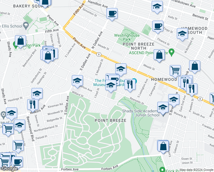 map of restaurants, bars, coffee shops, grocery stores, and more near 7036 Reynolds Street in Pittsburgh