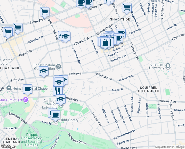 map of restaurants, bars, coffee shops, grocery stores, and more near 5120 Fifth Avenue in Pittsburgh