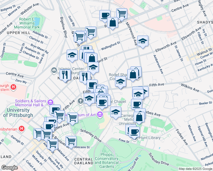 map of restaurants, bars, coffee shops, grocery stores, and more near in Pittsburgh