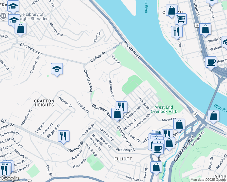 map of restaurants, bars, coffee shops, grocery stores, and more near 1231 Lakewood Avenue in Pittsburgh