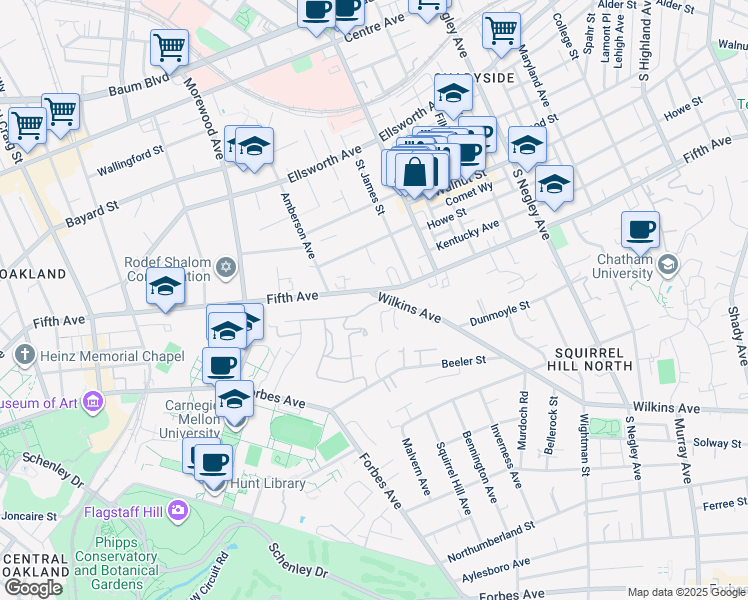map of restaurants, bars, coffee shops, grocery stores, and more near 5211 Wilkins Avenue in Pittsburgh