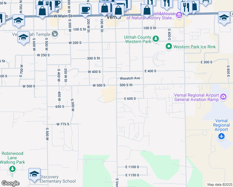 map of restaurants, bars, coffee shops, grocery stores, and more near 500 South Vernal Avenue in Vernal