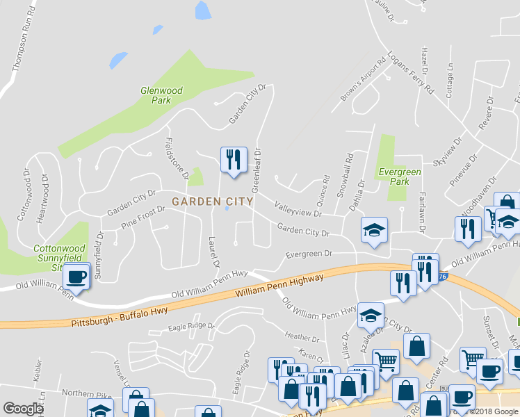 map of restaurants, bars, coffee shops, grocery stores, and more near 460 Garden City Drive in Monroeville