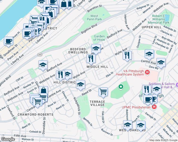 map of restaurants, bars, coffee shops, grocery stores, and more near 2416 Wylie Avenue in Pittsburgh