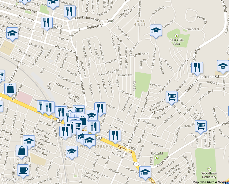 map of restaurants, bars, coffee shops, grocery stores, and more near 1440 Center St in Pittsburgh