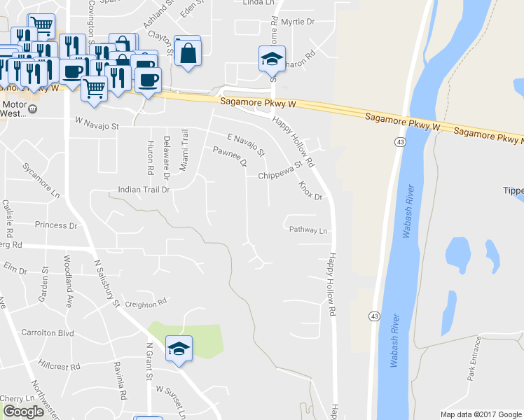 map of restaurants, bars, coffee shops, grocery stores, and more near 221 East Navajo Street in West Lafayette