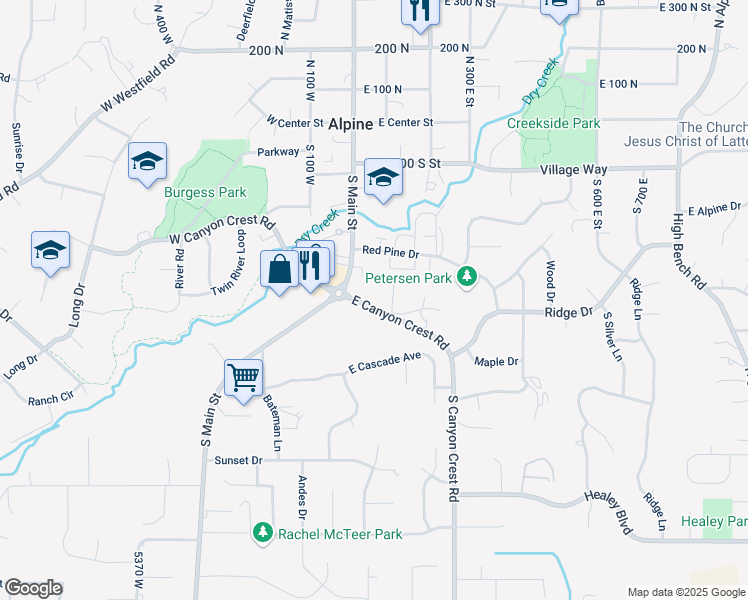 map of restaurants, bars, coffee shops, grocery stores, and more near 395 South Main Street in Alpine