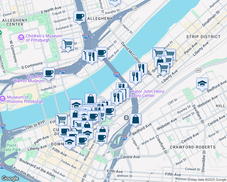 map of restaurants, bars, coffee shops, grocery stores, and more near in Pittsburgh