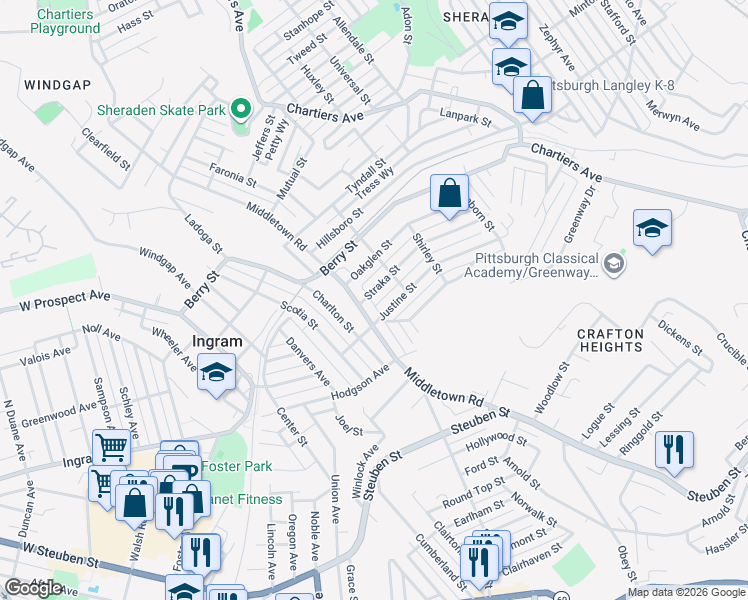 map of restaurants, bars, coffee shops, grocery stores, and more near 1431 Straka Street in Pittsburgh