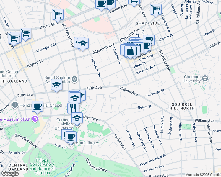 map of restaurants, bars, coffee shops, grocery stores, and more near 5120 Fifth Avenue in Pittsburgh