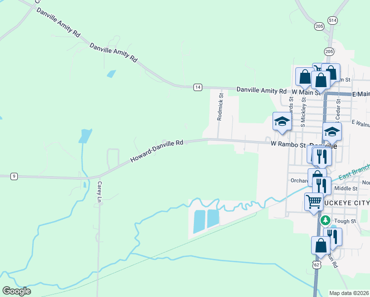 map of restaurants, bars, coffee shops, grocery stores, and more near 15460 Howard-Danville Road in Danville