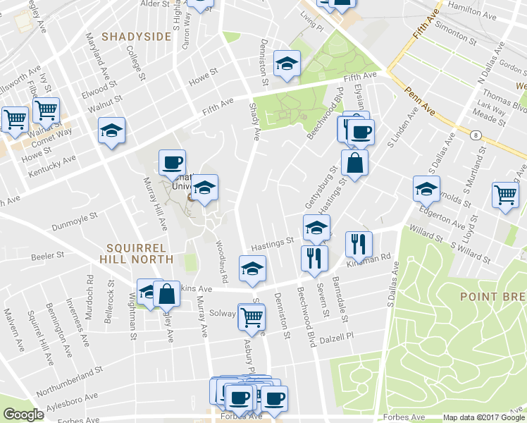 map of restaurants, bars, coffee shops, grocery stores, and more near 1221 Denniston Street in Pittsburgh