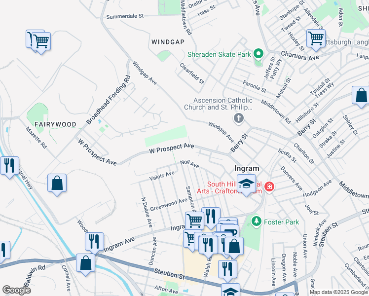 map of restaurants, bars, coffee shops, grocery stores, and more near 189 West Prospect Avenue in Pittsburgh