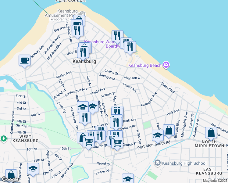 map of restaurants, bars, coffee shops, grocery stores, and more near 115 Main Street in Keansburg