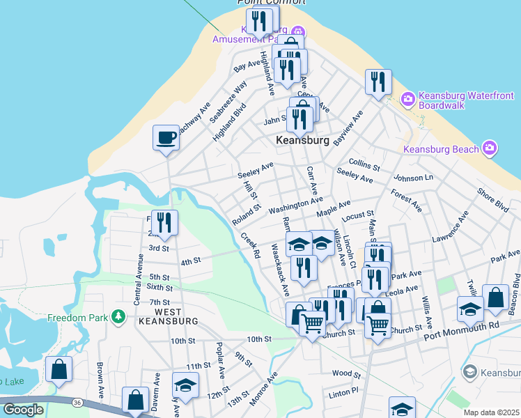 map of restaurants, bars, coffee shops, grocery stores, and more near 64 Roland Street in Keansburg