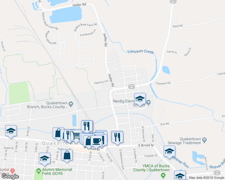 map of restaurants, bars, coffee shops, grocery stores, and more near 250 North Hellertown Avenue in Quakertown
