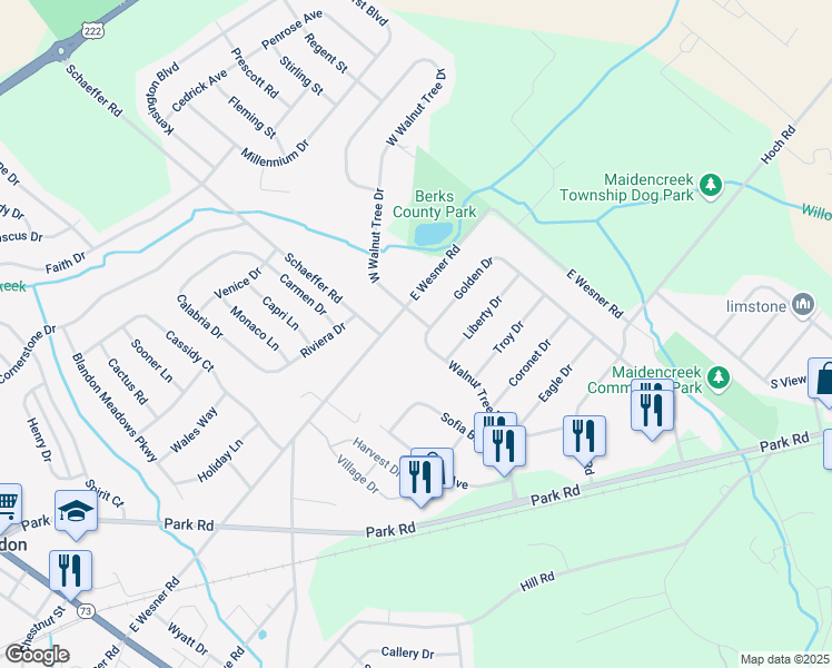map of restaurants, bars, coffee shops, grocery stores, and more near 511 Walnut Tree Drive in Blandon