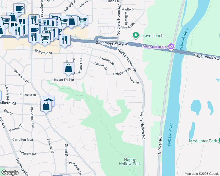 map of restaurants, bars, coffee shops, grocery stores, and more near 221 E Navajo St in West Lafayette