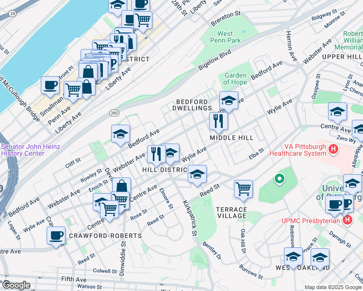 map of restaurants, bars, coffee shops, grocery stores, and more near 630 Midtown Square in Pittsburgh