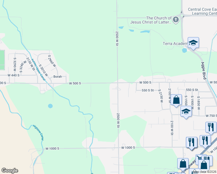 map of restaurants, bars, coffee shops, grocery stores, and more near 2571 West 500 South in Vernal