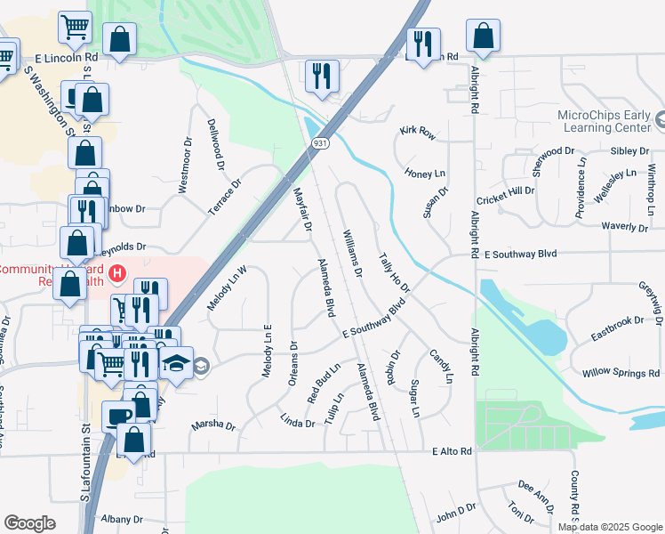 map of restaurants, bars, coffee shops, grocery stores, and more near 3103 Alameda Blvd in Kokomo