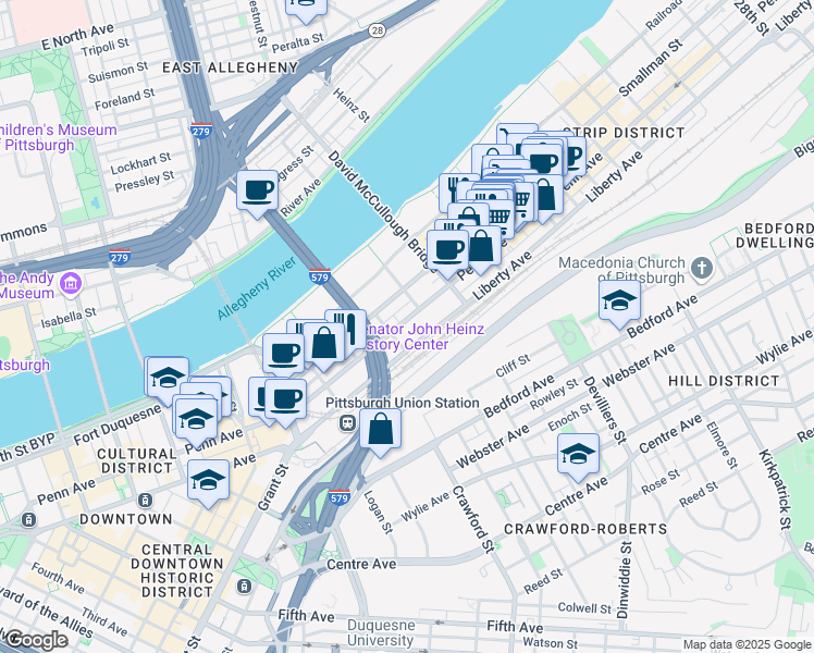 map of restaurants, bars, coffee shops, grocery stores, and more near 1400 Penn Avenue in Allegheny