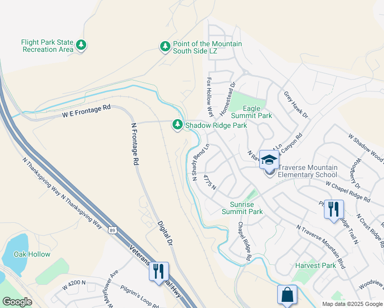 map of restaurants, bars, coffee shops, grocery stores, and more near 4863 North Shady Bend Lane in Lehi