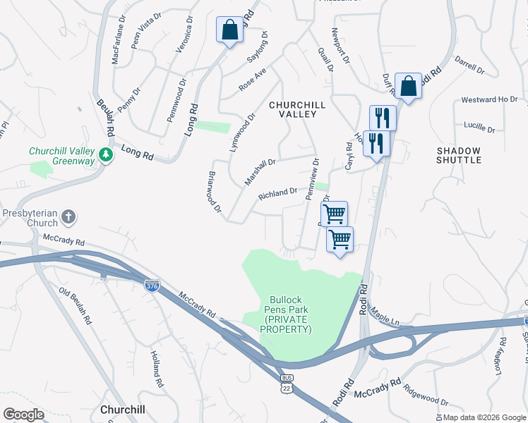 map of restaurants, bars, coffee shops, grocery stores, and more near 115 Lennox Drive in Pittsburgh