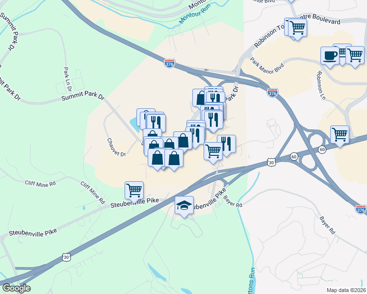map of restaurants, bars, coffee shops, grocery stores, and more near 250 Summit Park Drive in Pittsburgh