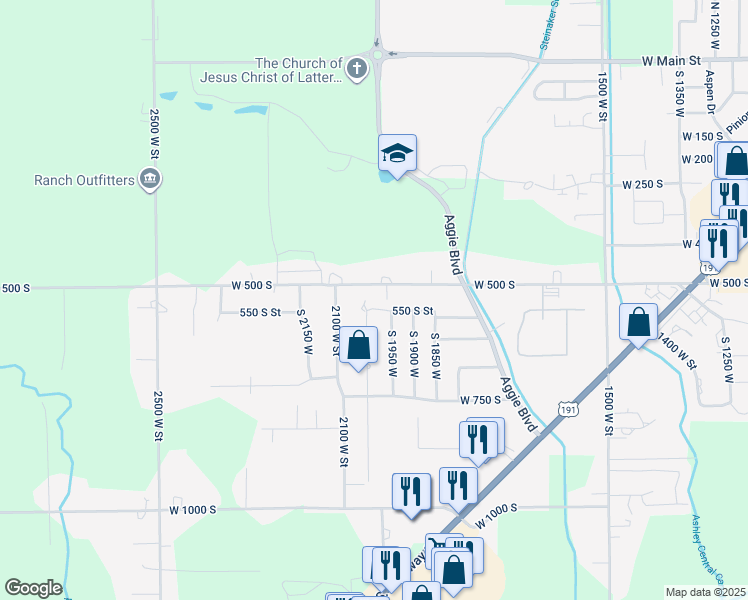 map of restaurants, bars, coffee shops, grocery stores, and more near 540 2050 West Street in Vernal