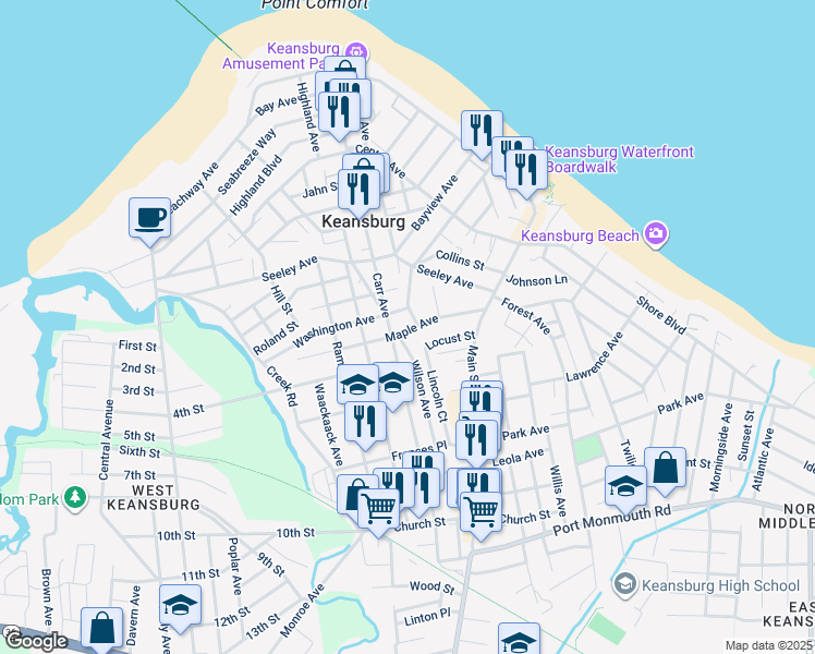 map of restaurants, bars, coffee shops, grocery stores, and more near 79 Maple Avenue in Keansburg