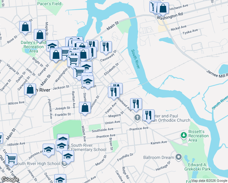 map of restaurants, bars, coffee shops, grocery stores, and more near 170 Whitehead Avenue in South River