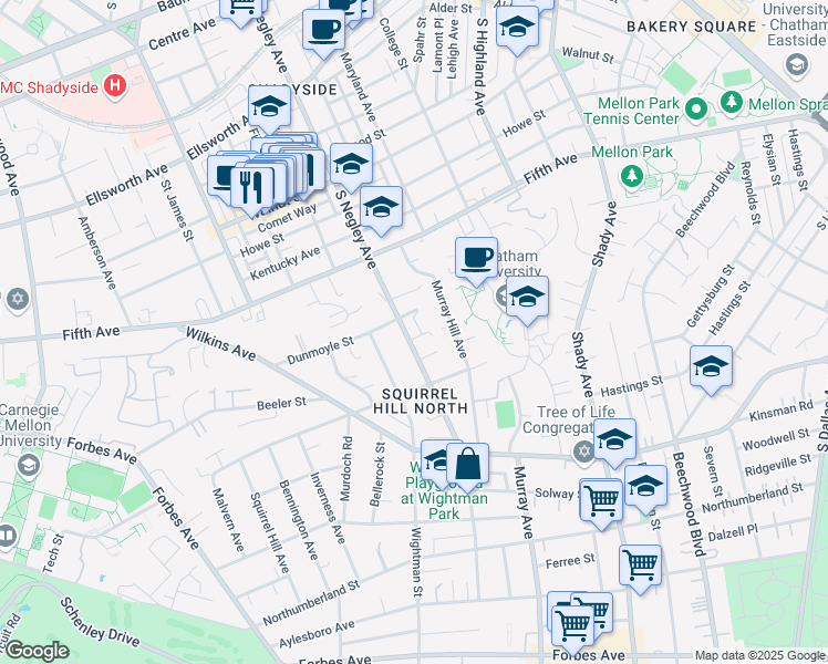 map of restaurants, bars, coffee shops, grocery stores, and more near 12 Dunmoyle Place in Pittsburgh