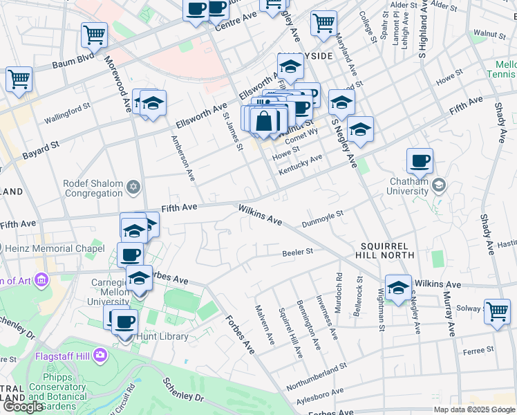map of restaurants, bars, coffee shops, grocery stores, and more near 5267 Wilkins Avenue in Pittsburgh