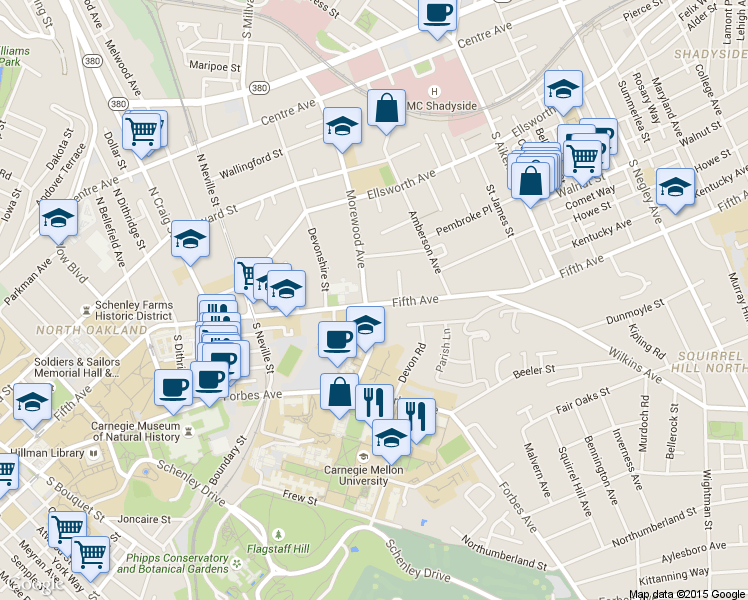 map of restaurants, bars, coffee shops, grocery stores, and more near in Pittsburgh