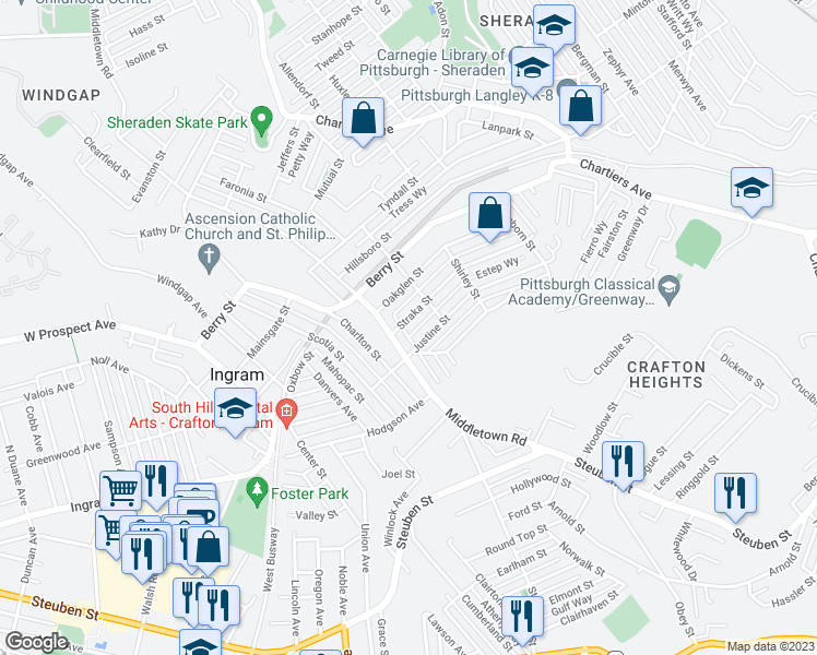 map of restaurants, bars, coffee shops, grocery stores, and more near 1431 Straka Street in Pittsburgh