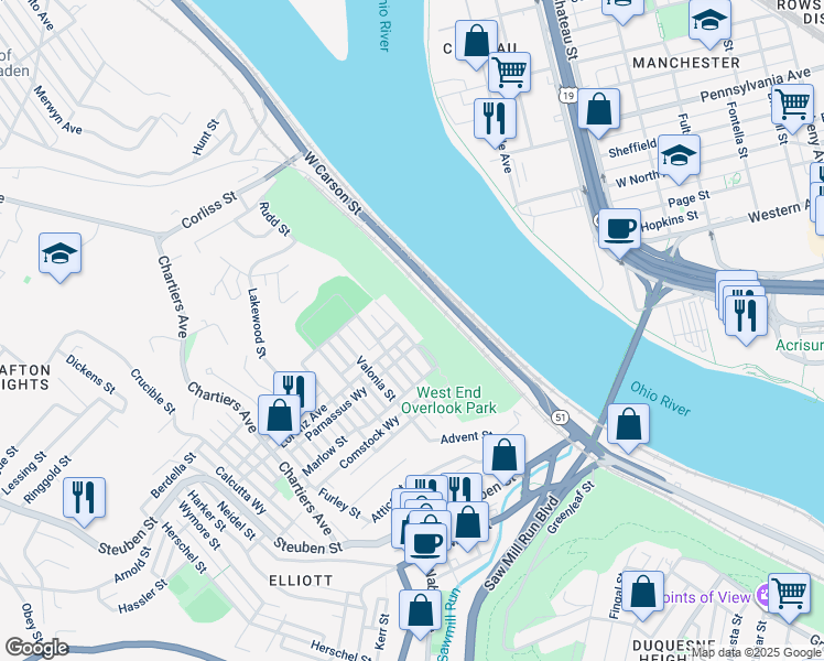 map of restaurants, bars, coffee shops, grocery stores, and more near 944 Rue Grande Vue Street in Pittsburgh