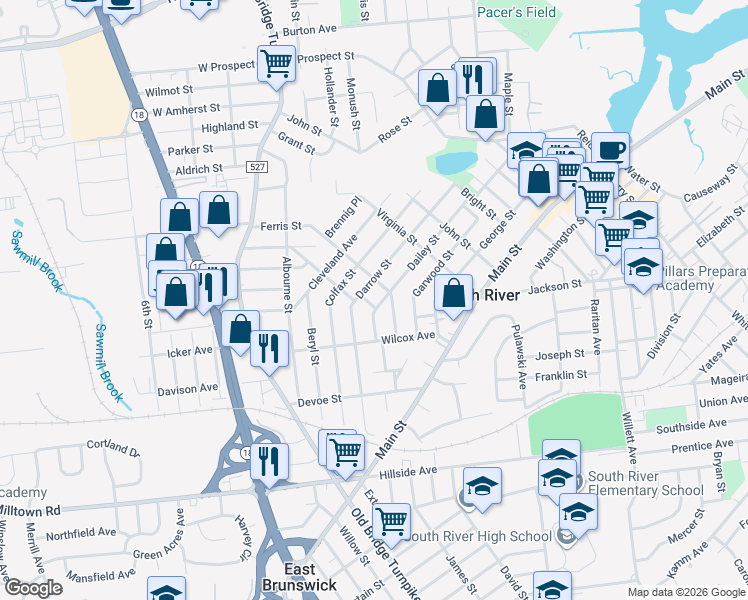 map of restaurants, bars, coffee shops, grocery stores, and more near 15 Edgewood Street in South River