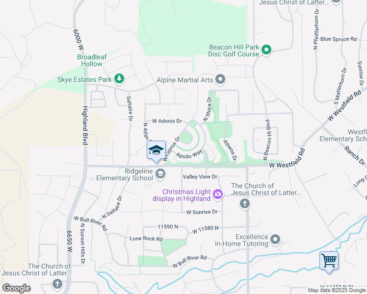 map of restaurants, bars, coffee shops, grocery stores, and more near 6227 Argo Circle in Highland