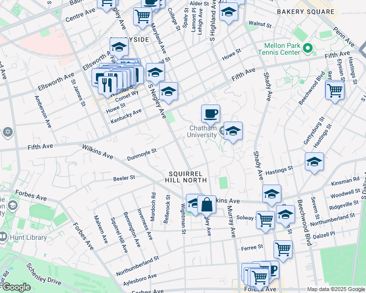 map of restaurants, bars, coffee shops, grocery stores, and more near 1117 South Negley Avenue in Pittsburgh