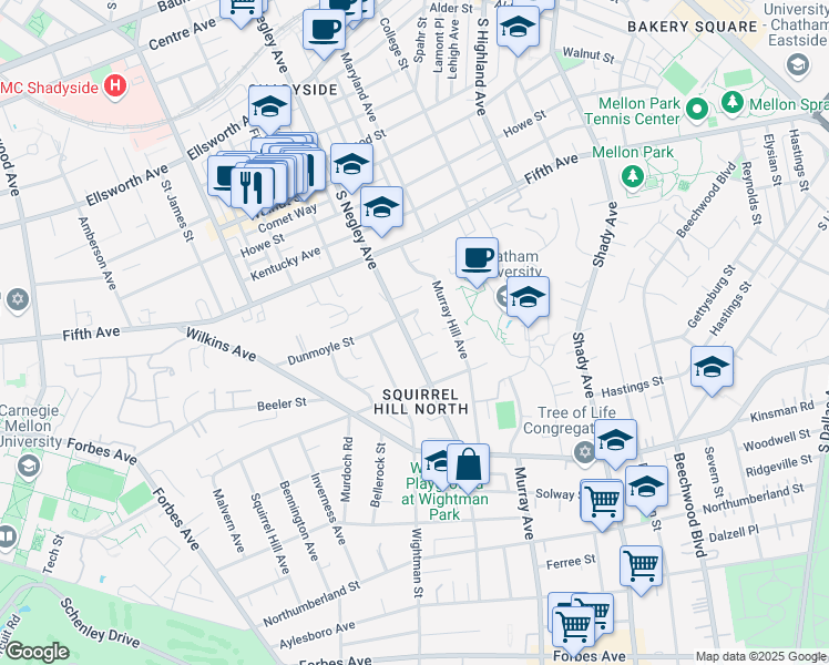 map of restaurants, bars, coffee shops, grocery stores, and more near 1117 South Negley Avenue in Pittsburgh